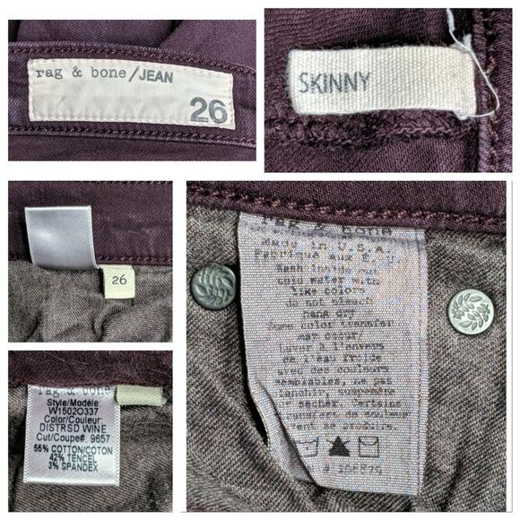 Rag & Bone/JEAN The Skinny Jeans 26 Denim Slim Bodycon Wine Burgundy Oxblood - Picture 7 of 8
